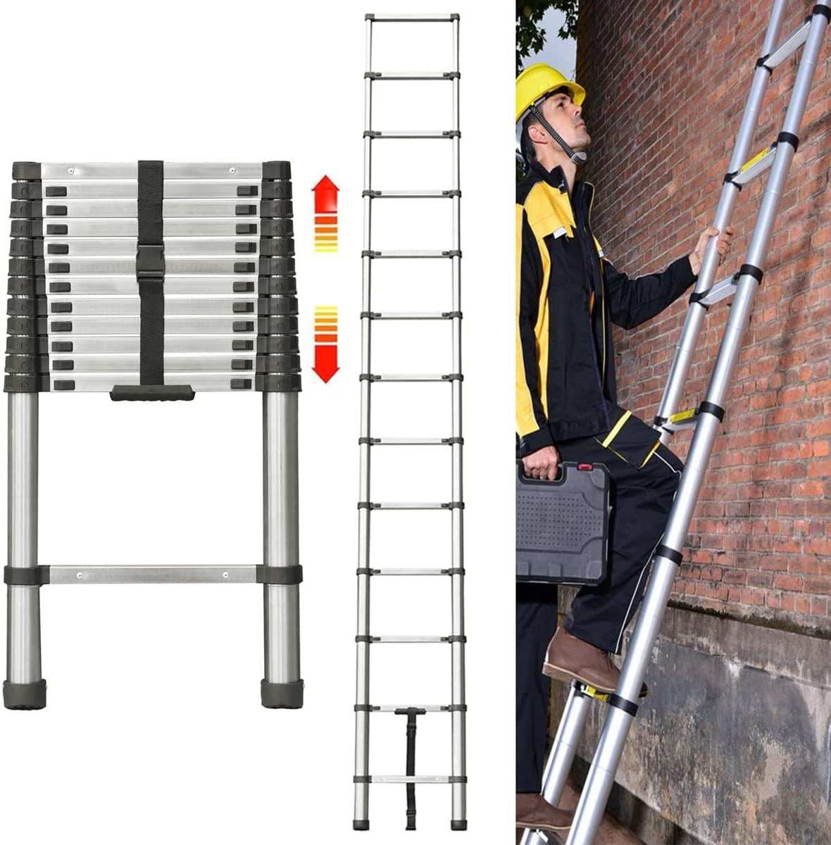 Dayplus 12.5FT/3.8M Stainless Steel Telescopic Ladder Foldable Telescoping Extension Ladder Loft Ladder 330lb Load ebuystt