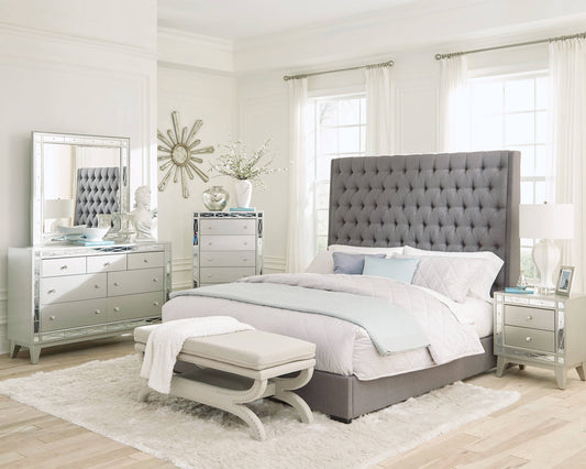 Camille Eastern King Button Tufted Bed Grey Collection: The Headboard Comes With A Button Tufted Fabric That's Stylish And Eye-Catching, This Bed Is A Graceful Addition To The Bedroom. Camille SKU: 300621KE coastmega