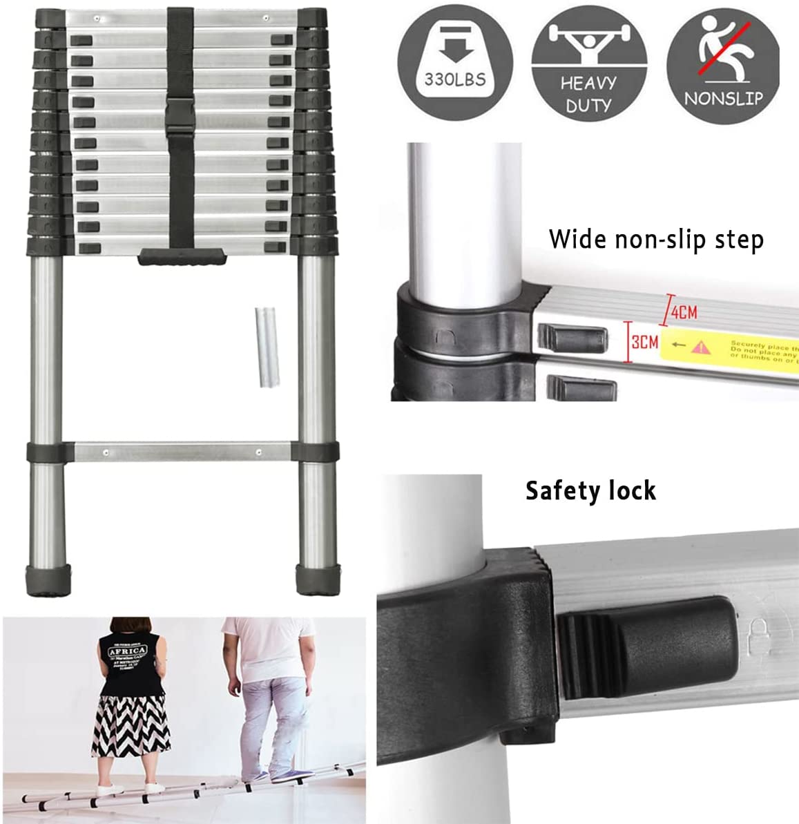 Dayplus 12.5FT/3.8M Stainless Steel Telescopic Ladder Foldable Telescoping Extension Ladder Loft Ladder 330lb Load ebuystt