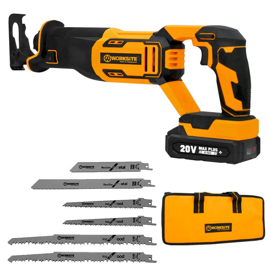 Worksite Cordless Reciprocating  Saw Comes with two types of  Blades Ideal for Metal & Wood cutting.  20V Battery brushless motor helps to provide 2.5X more runtime to get the job done - CRS334 Worksite Power Tools
