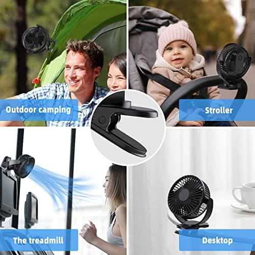 ATEngeus USB Fan, Rechargeable Portable Fan, Clip on Fan, Battery Operated Fan, 3 Speeds, 5000mAh USB Desk Fan, 720°Rotation, Sturdy Clamp for home, Camping, Treadmill and car EBUYSTT