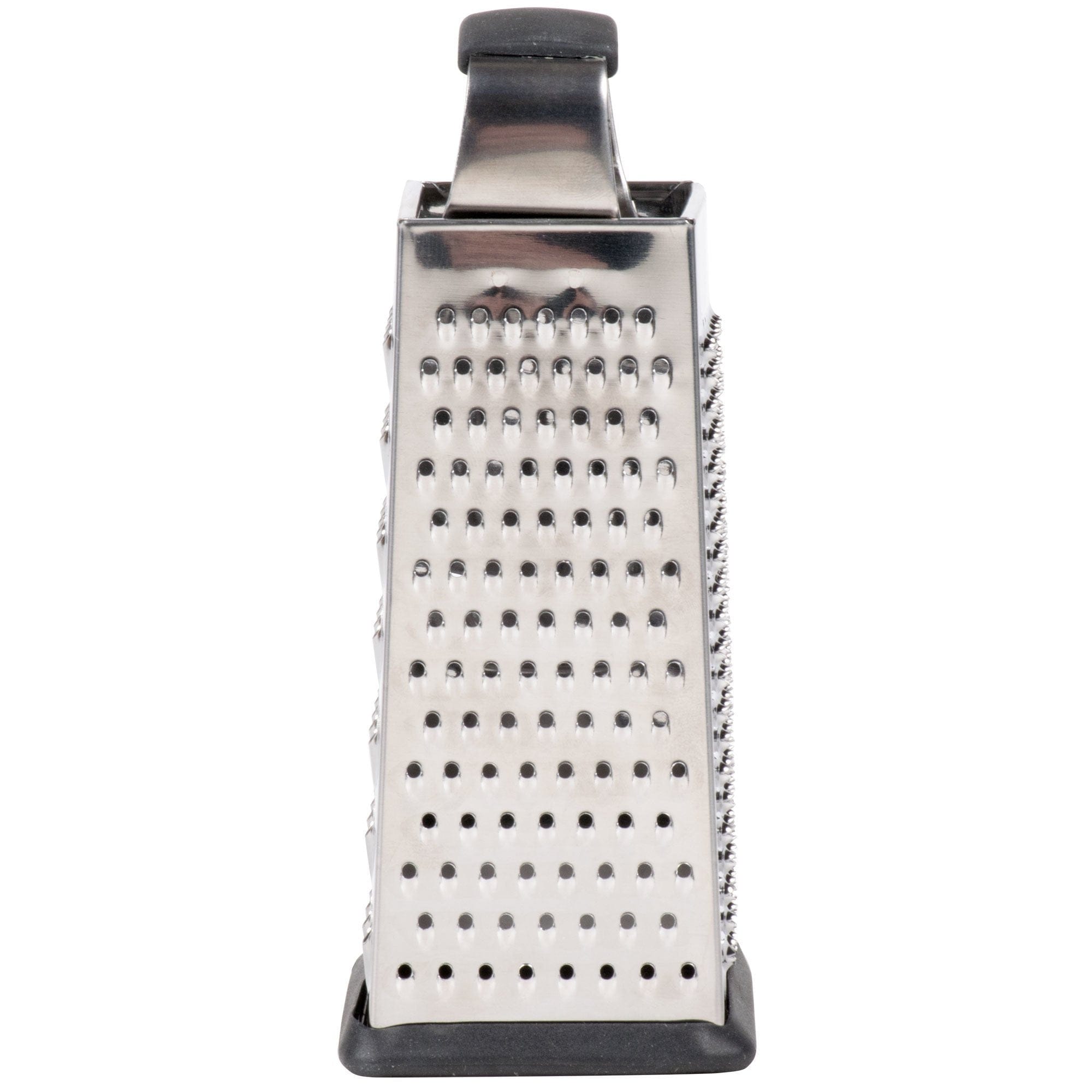 Tablecraft 6 inch Small 4 Sided Stainless Steel Non Slip Grip Box Grater can be used to shred cheese, vegetables, fruits, and more. Made from heavy-duty stainless steel, this grater comes with a hand grip at the top for easy use with both hands-SG203BH