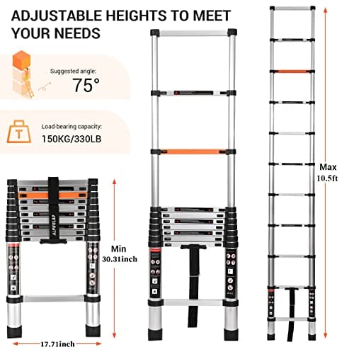 ALPURLAD Telescoping Ladder 10.5FT Aluminum Extension Ladders Lightweight Collapsible Ladder Telescopic Ladders for RV, Loft, Attic, Home, 330lbs Capacity ebuystt