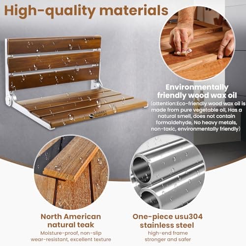 18 Inches  Teak Folding Shower Seat Wall Mounted,Fold Down Shower Bench for Small Shower Space, Home Care Teak Wood Stool for Inside Shower,Pregnants-Maximum Load 380lb[European Teak] (18"-Yellow) EBUYSTT
