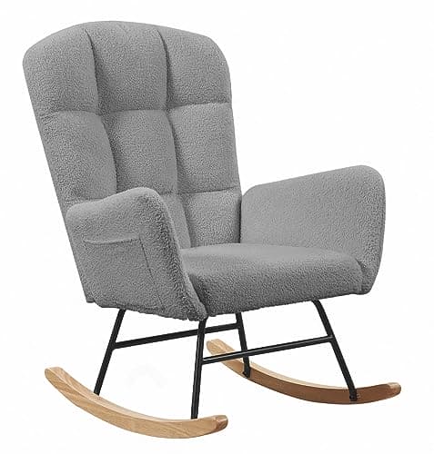 Hansones Nursery Rocking Chair, Upholstered Glider Chair with High Backrest Armchair Chair for Living Room Bedroom Offices (Grey Teddy) ebuys