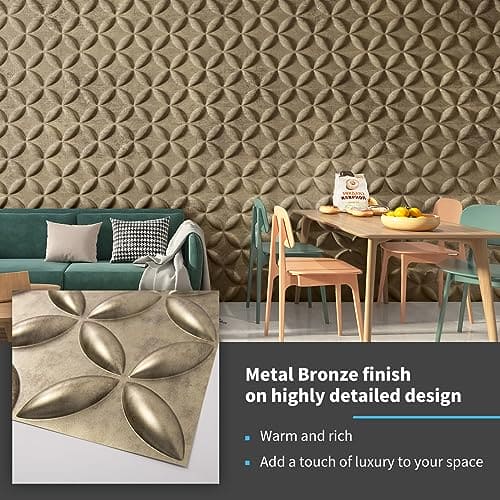 Art3d Texture 3D Wall Panels, PVC Wall Panels for Interior Wall Decor Pack of 12 Tiles 32 Sq Ft, Antique Gold, 19.7"x19.7" MEGA
