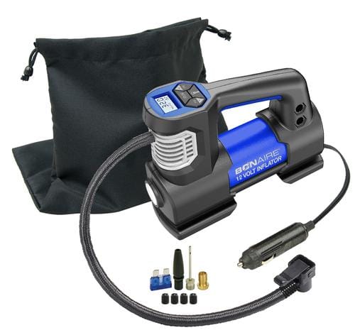 Bon-Aire 12V Tire Inflator With this12 Volt tire inflator with digital gauge and work light you can preset the PS and will auto shut off once it reaches the desired PSi-431251