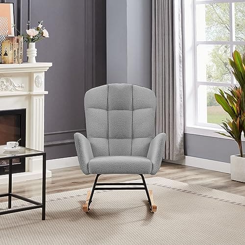 Hansones Nursery Rocking Chair, Upholstered Glider Chair with High Backrest Armchair Chair for Living Room Bedroom Offices (Grey Teddy) ebuys