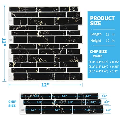 Art3d 10-Sheet Peel and Stick Backsplash, 12 in. x 12in. Black Marble Design MEGA