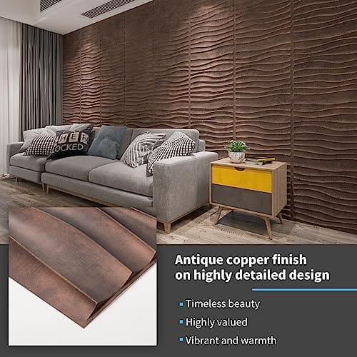 Art3d PVC Wave Panels for Interior Wall Decor, Antique Copper Textured 3D Wall Tiles, 19.7" x 19.7" (12-Pack) MEGA