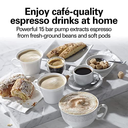 Hamilton Beach 15 Bar Espresso Machine, Cappuccino, Mocha, & Latte Maker, with Milk Frother, Make 2 Cups Simultaneously, Works with Pods or Ground Coffee, 50 oz. Water Reservoir, Black ebuystt