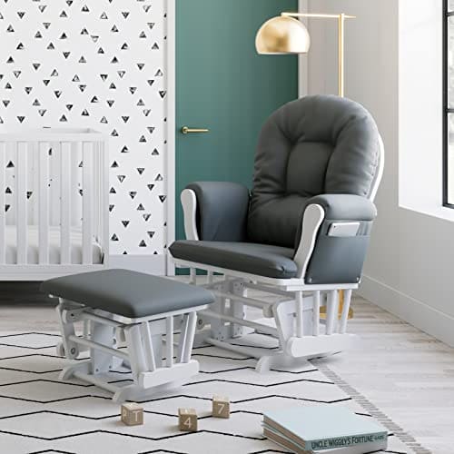 Storkcraft Premium Hoop Glider and Ottoman (White Base, Gray Cushion) – Padded Cushions with Storage Pocket, Smooth Rocking Motion, Easy to Assemble, Solid Hardwood Base EBUYSTT