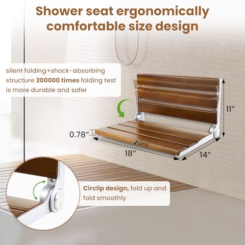 18 Inches  Teak Folding Shower Seat Wall Mounted,Fold Down Shower Bench for Small Shower Space, Home Care Teak Wood Stool for Inside Shower,Pregnants-Maximum Load 380lb[European Teak] (18"-Yellow) EBUYSTT