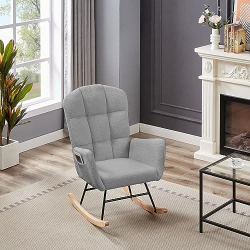 Hansones Nursery Rocking Chair, Upholstered Glider Chair with High Backrest Armchair Chair for Living Room Bedroom Offices (Grey Teddy) ebuys