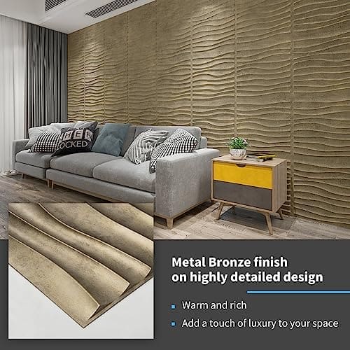Art3d PVC Wave Panels for Interior Wall Decor, Antique Gold Textured 3D Wall Tiles, 19.7" x 19.7" (12-Pack) MEGA