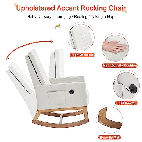 VECELO Rocking Chair, Upholstered Glider Rocker for Nursery Comfy Armchair with Safe Solid Wood Base/USB Port/Side Pocket for Living Room Bedroom Balcony Home Office, Off-White ebuys