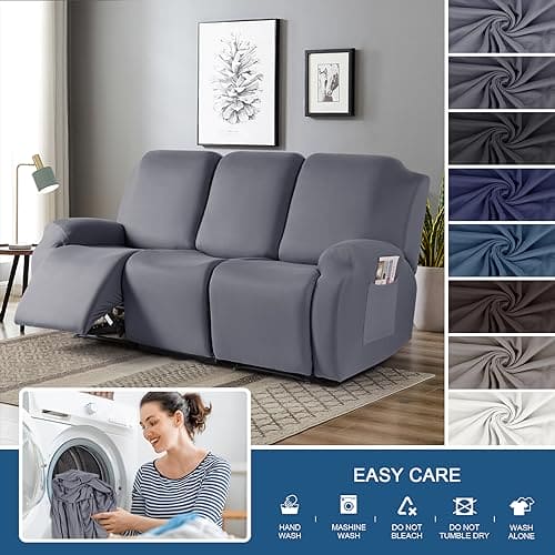 TAOCOCO Recliner Sofa Slipcover, 3 Pieces Polyester Fabric Stretch Sofa Covers for 3 Seat Reclining Couch, Soft Washable Furniture Protector with Pockets (3 Seat, Light Gray) ebuys