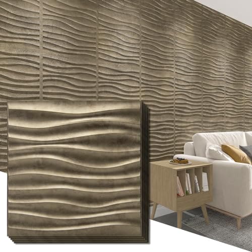Art3d PVC Wave Panels for Interior Wall Decor, Antique Gold Textured 3D Wall Tiles, 19.7" x 19.7" (12-Pack) MEGA