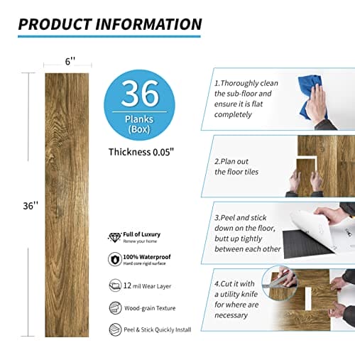 3d Art 36-Pack 54 Sq.ft Peel and Stick Floor Tiles Vinyl Plank Flooring Wood Look, Adhesive and Waterproof Tile Sticker for Bedroom, Living Room, Kitchen, RV in Ashtree Mega