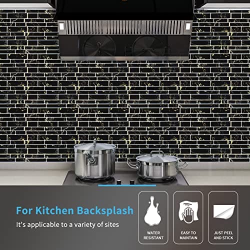 Art3d 10-Sheet Peel and Stick Backsplash, 12 in. x 12in. Black Marble Design MEGA