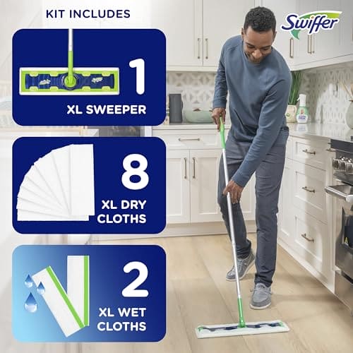 Swiffer Sweeper Dry + Wet XL Sweeping Kit, 1 Sweeper, 8 Dry Cloths, 2 Wet Cloths Swiffer