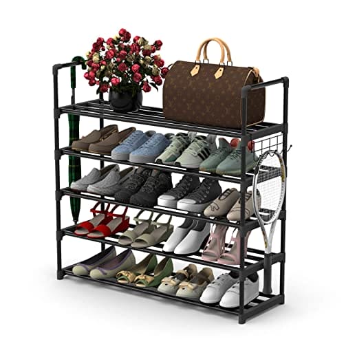 Hsscblet 5 Tiers Metal Shoe Rack,Adjustable Shoe Shelf Storage Organizer with Hooks,Stackable Boot & Shoe Storage,for Entryway,Hallway,Closet,Black Hsscblet