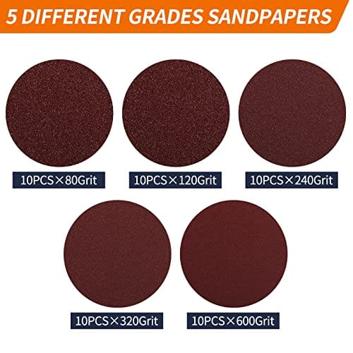 Pomsare 5 Inch Hook and Loop Backing Pad with 50PCS Sanding Discs, Angle Grinder Attachments with 5/8-11 Threads, Sanding Pad for Wood Sanding Buffing Polishing(80/120/240/320/600 Grit) ebuystt