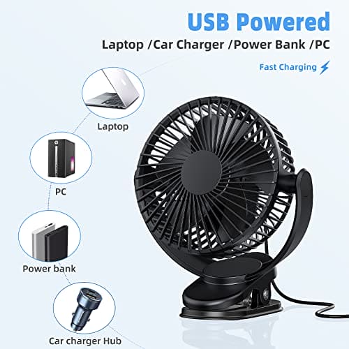 ATEngeus USB Fan, Rechargeable Portable Fan, Clip on Fan, Battery Operated Fan, 3 Speeds, 5000mAh USB Desk Fan, 720°Rotation, Sturdy Clamp for home, Camping, Treadmill and car EBUYSTT
