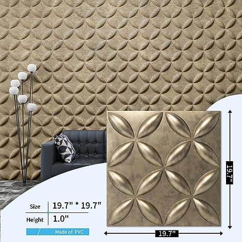 Art3d Texture 3D Wall Panels, PVC Wall Panels for Interior Wall Decor Pack of 12 Tiles 32 Sq Ft, Antique Gold, 19.7"x19.7" MEGA