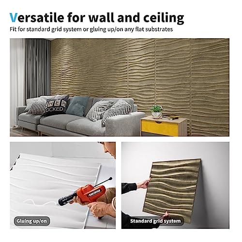 Art3d PVC Wave Panels for Interior Wall Decor, Antique Gold Textured 3D Wall Tiles, 19.7" x 19.7" (12-Pack) MEGA