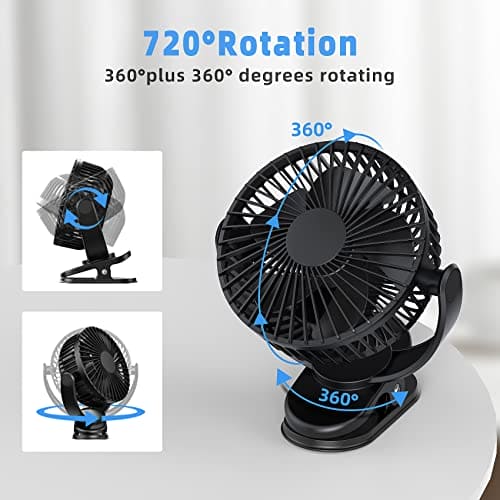 ATEngeus USB Fan, Rechargeable Portable Fan, Clip on Fan, Battery Operated Fan, 3 Speeds, 5000mAh USB Desk Fan, 720°Rotation, Sturdy Clamp for home, Camping, Treadmill and car EBUYSTT