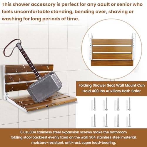 18 Inches  Teak Folding Shower Seat Wall Mounted,Fold Down Shower Bench for Small Shower Space, Home Care Teak Wood Stool for Inside Shower,Pregnants-Maximum Load 380lb[European Teak] (18"-Yellow) EBUYSTT