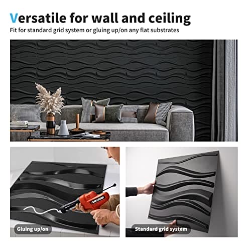 Art3d PVC 3D Panel for Interior Wall Decor, Wavy Textured Tile, 12-Pack 19.7 x 19.7in. Black MEGA