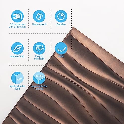 Art3d PVC Wave Panels for Interior Wall Decor, Antique Copper Textured 3D Wall Tiles, 19.7" x 19.7" (12-Pack) MEGA