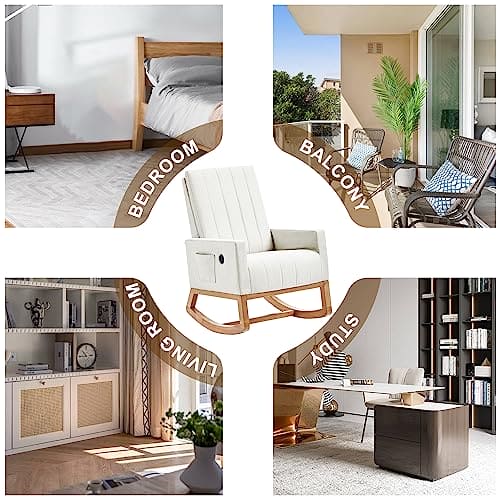 VECELO Rocking Chair, Upholstered Glider Rocker for Nursery Comfy Armchair with Safe Solid Wood Base/USB Port/Side Pocket for Living Room Bedroom Balcony Home Office, Off-White ebuys