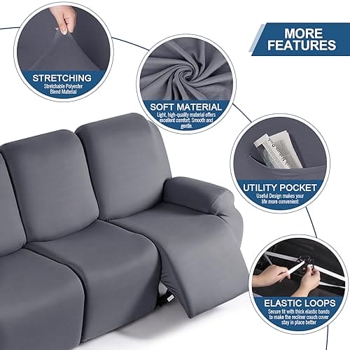 TAOCOCO Recliner Sofa Slipcover, 3 Pieces Polyester Fabric Stretch Sofa Covers for 3 Seat Reclining Couch, Soft Washable Furniture Protector with Pockets (3 Seat, Light Gray) ebuys