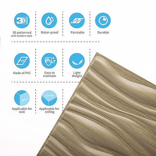 Art3d PVC Wave Board Textured 3D Wall Panels for Interior Wall Decor, Living Room, Bedroom, Office, Walnut, 19.7" x 19.7" (12 Pack) MEGA