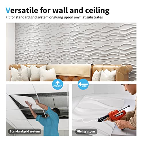 Art3d PVC 3D Panel for Interior Wall Decor, Wavy Textured Tile, 12-Pack 19.7 x 19.7in. White MEGA