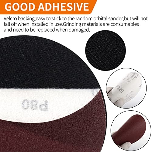 Pomsare 5 Inch Hook and Loop Backing Pad with 50PCS Sanding Discs, Angle Grinder Attachments with 5/8-11 Threads, Sanding Pad for Wood Sanding Buffing Polishing(80/120/240/320/600 Grit)
