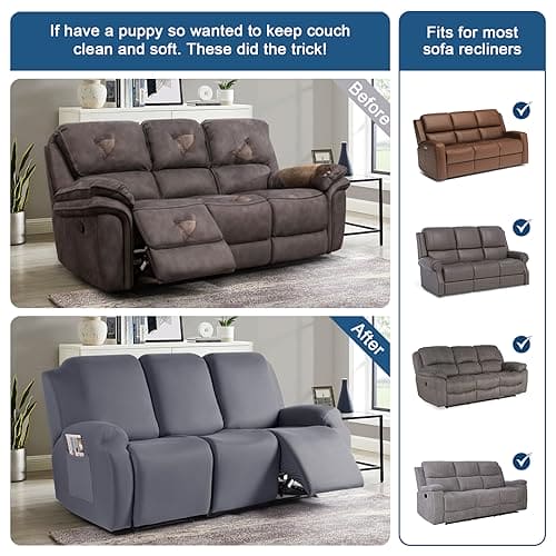 TAOCOCO Recliner Sofa Slipcover, 3 Pieces Polyester Fabric Stretch Sofa Covers for 3 Seat Reclining Couch, Soft Washable Furniture Protector with Pockets (3 Seat, Light Gray) ebuys
