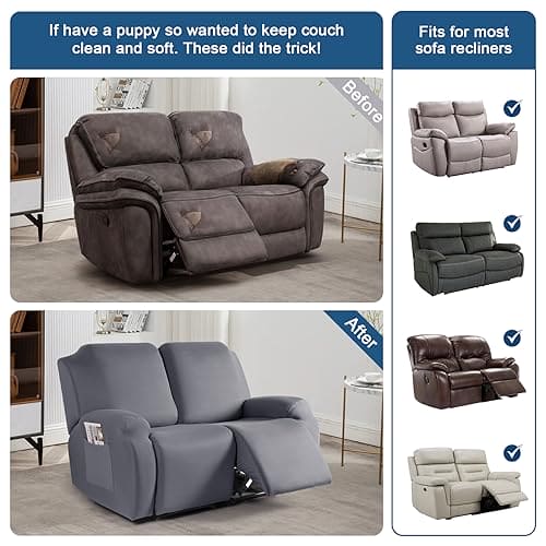 TAOCOCO Recliner Loveseat Slipcover, 2 Pieces Polyester Fabric Stretch Sofa Covers for 2 Seat Reclining Couch, Soft Washable Furniture Protector with Pockets (2 Seat, Light Gray) ebuys