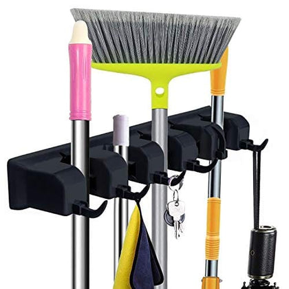 Mop and Broom Holder Wall Mount - CINEYO - Heavy Duty Broom Holder Wall Mounted or Tool Organizer For Home Garden Garage And Storage (5 Positions with 6 Hooks) (Black) - B08RR7PNSZ