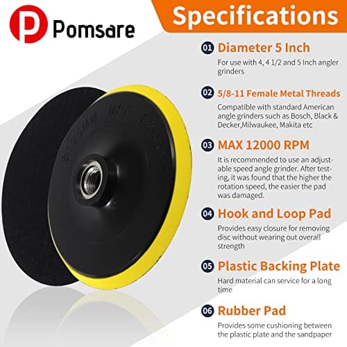 Pomsare 5 Inch Hook and Loop Backing Pad with 50PCS Sanding Discs, Angle Grinder Attachments with 5/8-11 Threads, Sanding Pad for Wood Sanding Buffing Polishing(80/120/240/320/600 Grit) ebuystt