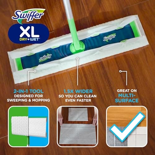 Swiffer Sweeper Dry + Wet XL Sweeping Kit, 1 Sweeper, 8 Dry Cloths, 2 Wet Cloths Swiffer