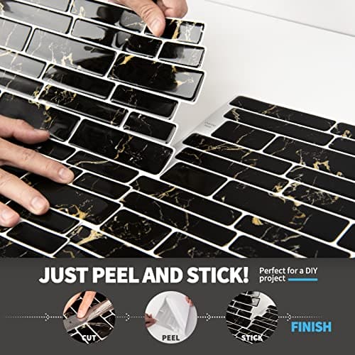 Art3d 10-Sheet Peel and Stick Backsplash, 12 in. x 12in. Black Marble Design MEGA