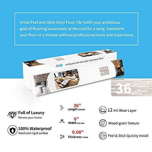 Art3d Peel and Stick Floor Tile Vinyl Wood Plank 36-Pack 54 Sq.Ft, Brown Stone, Rigid Surface Hard Core Easy DIY Self-Adhesive Flooring Mega