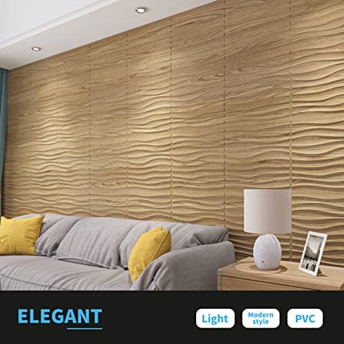 Art3d PVC Wave Panels for Interior Wall Decor, Wood Brown Textured 3D Wall Tiles，19.7" x 19.7" (12-Pack) MEGA