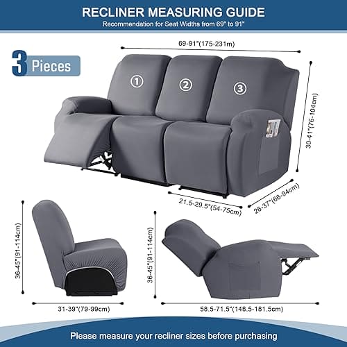 TAOCOCO Recliner Sofa Slipcover, 3 Pieces Polyester Fabric Stretch Sofa Covers for 3 Seat Reclining Couch, Soft Washable Furniture Protector with Pockets (3 Seat, Light Gray) ebuys