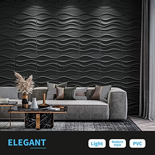 Art3d PVC 3D Panel for Interior Wall Decor, Wavy Textured Tile, 12-Pack 19.7 x 19.7in. Black MEGA