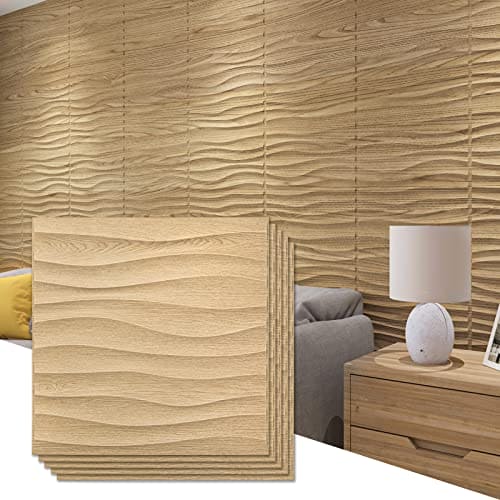 Art3d PVC Wave Panels for Interior Wall Decor, Wood Brown Textured 3D Wall Tiles，19.7" x 19.7" (12-Pack) MEGA